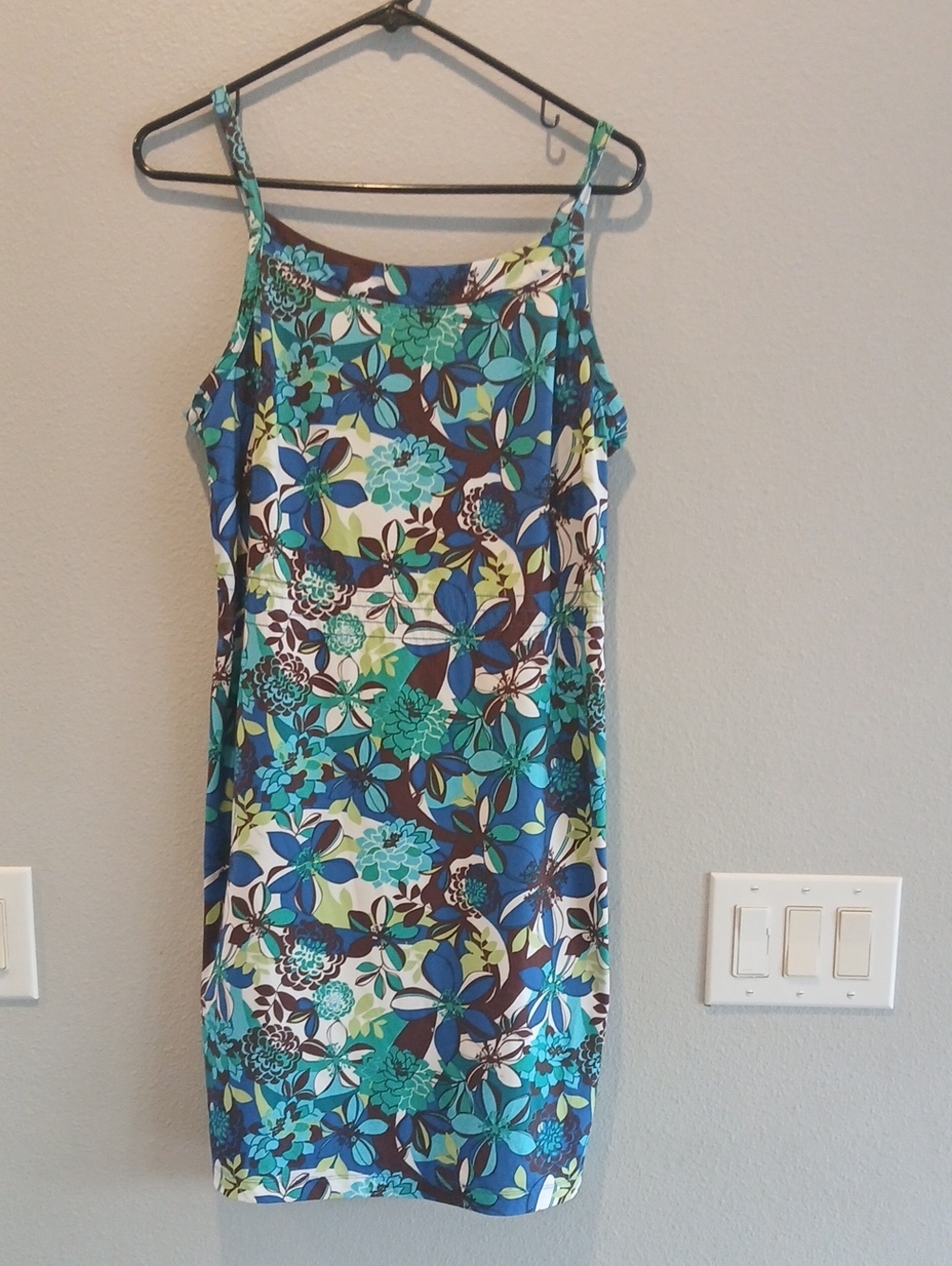 REI Small Teal and Blue Floral Spaghetti-Strap Mini Dress Summer